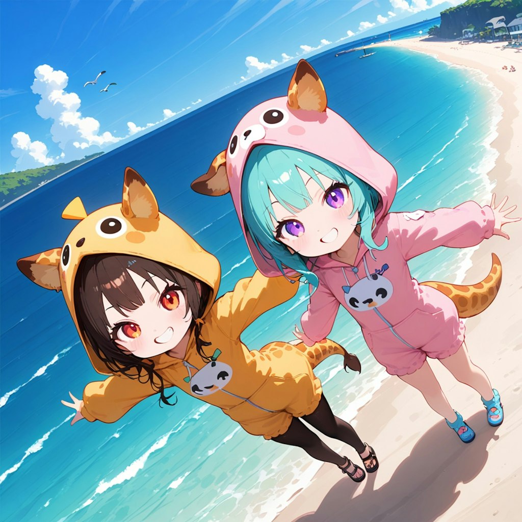 海と砂浜とキリン着ぐるみちび子ちゃん