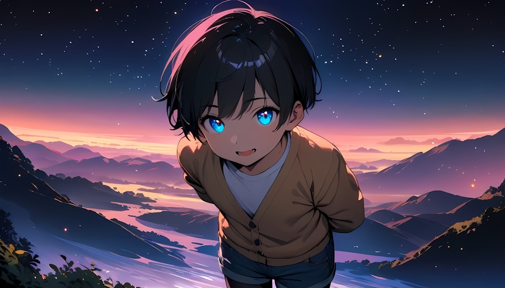 The night sky, the sea, the mountains, and the boy