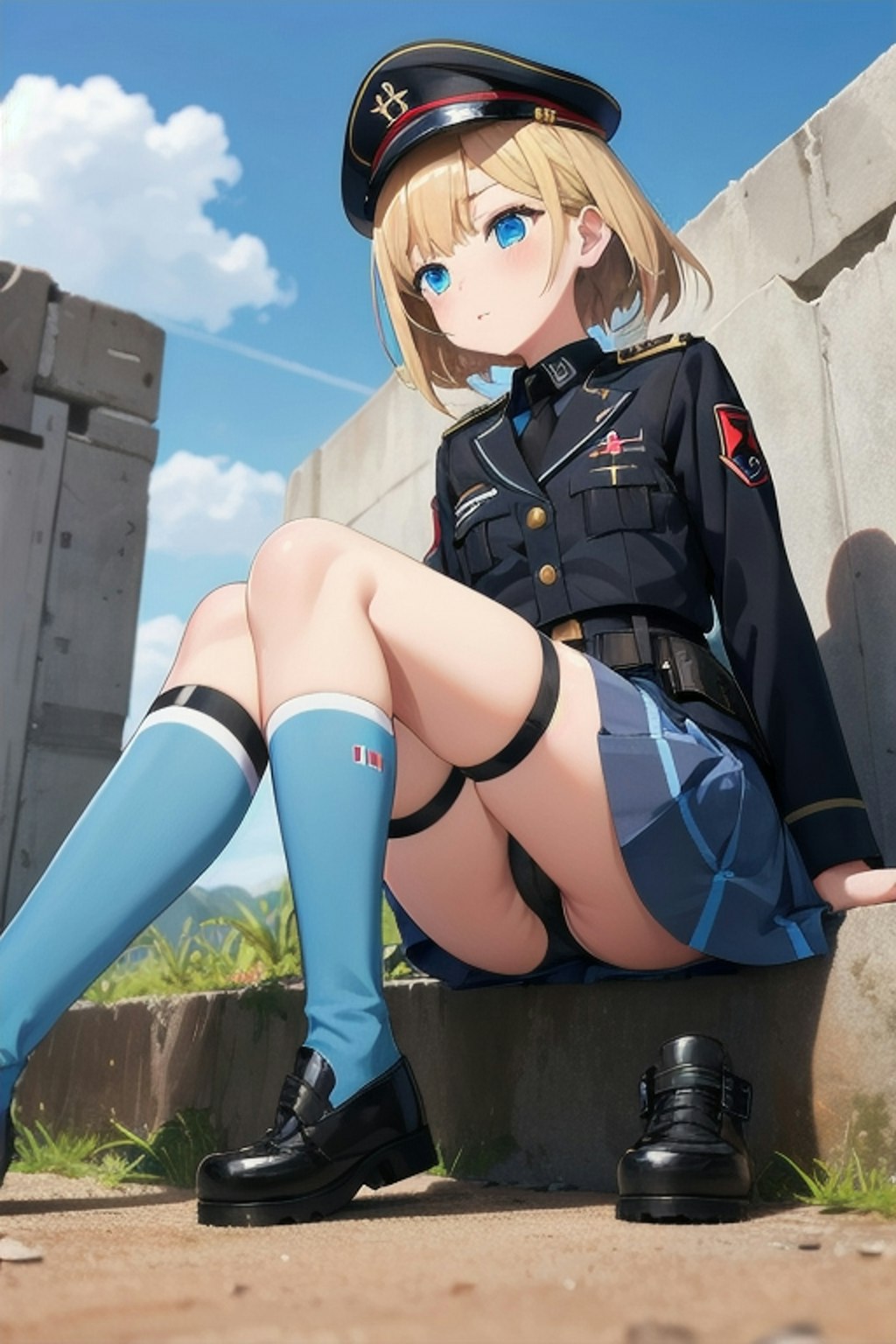 青空の下で座る軍服少女