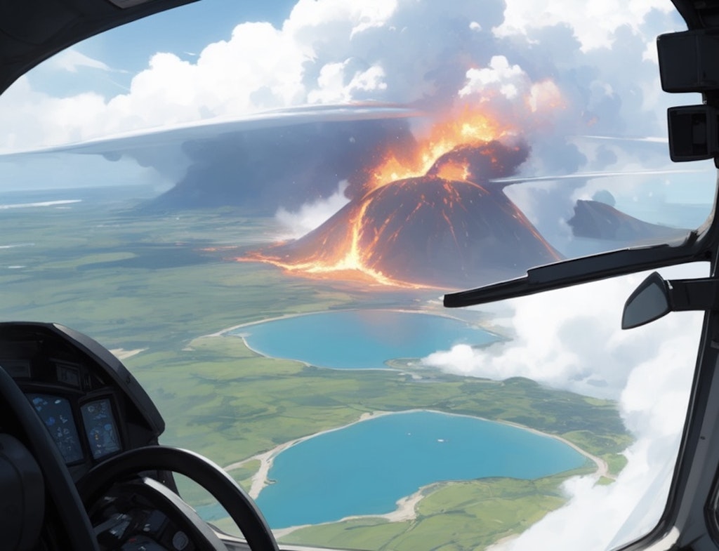 Over the volcano [remake of Girl piloting an airplane 4]