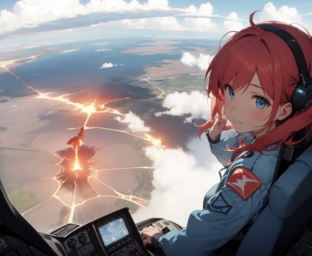 Over the volcano [remake of Girl piloting an airplane 4]