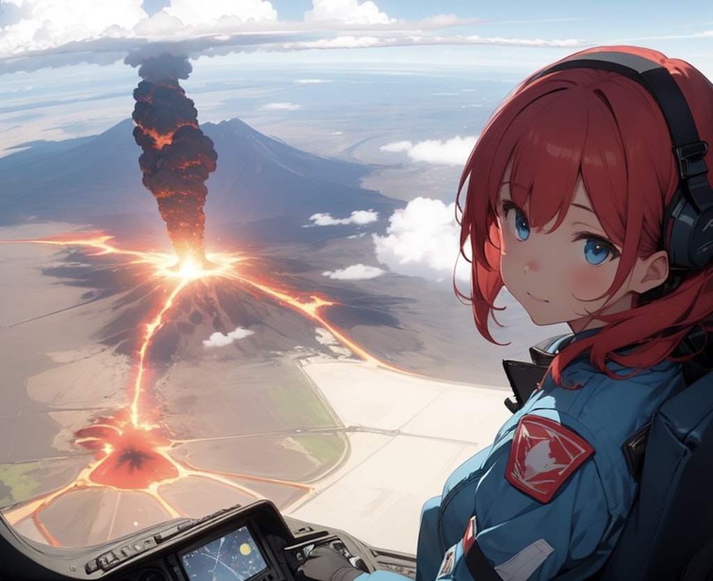 Over the volcano [remake of Girl piloting an airplane 4]