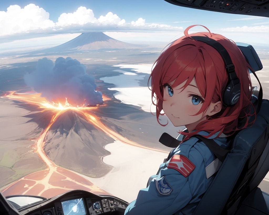 Over the volcano [remake of Girl piloting an airplane 4]