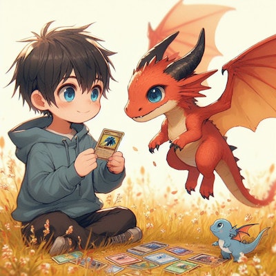 トレカで遊ぶ少年と赤いドラゴン