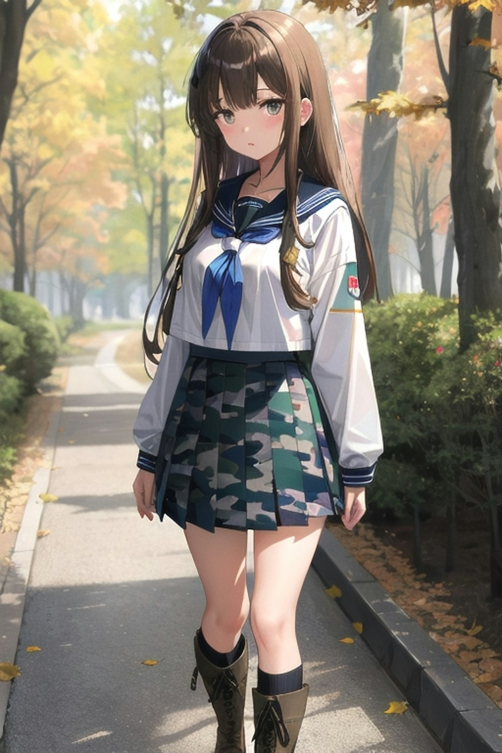 困惑顔のカモフラ柄セーラー服JK