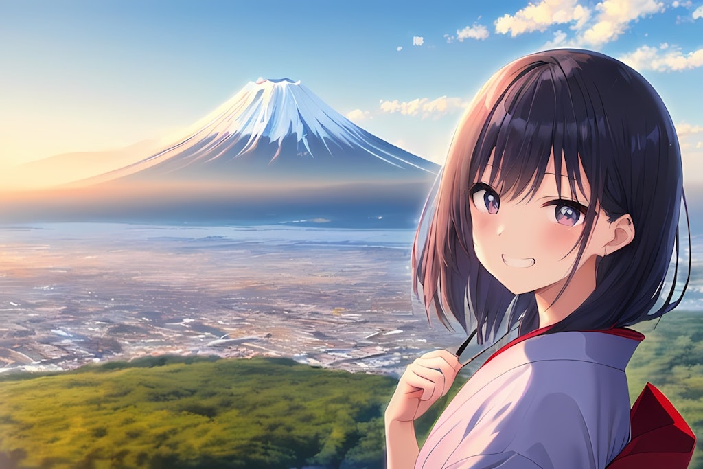 日本風景と少女