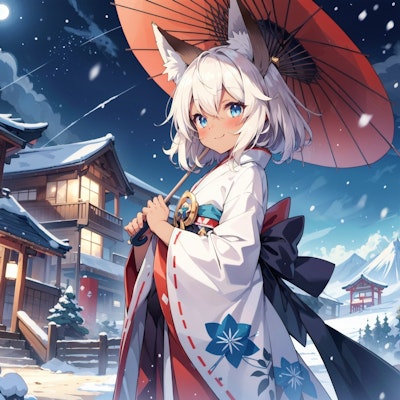 雪と和傘と狐娘