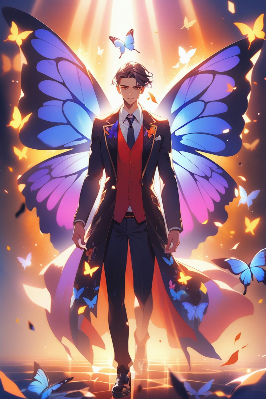 An adult man with butterfly wings