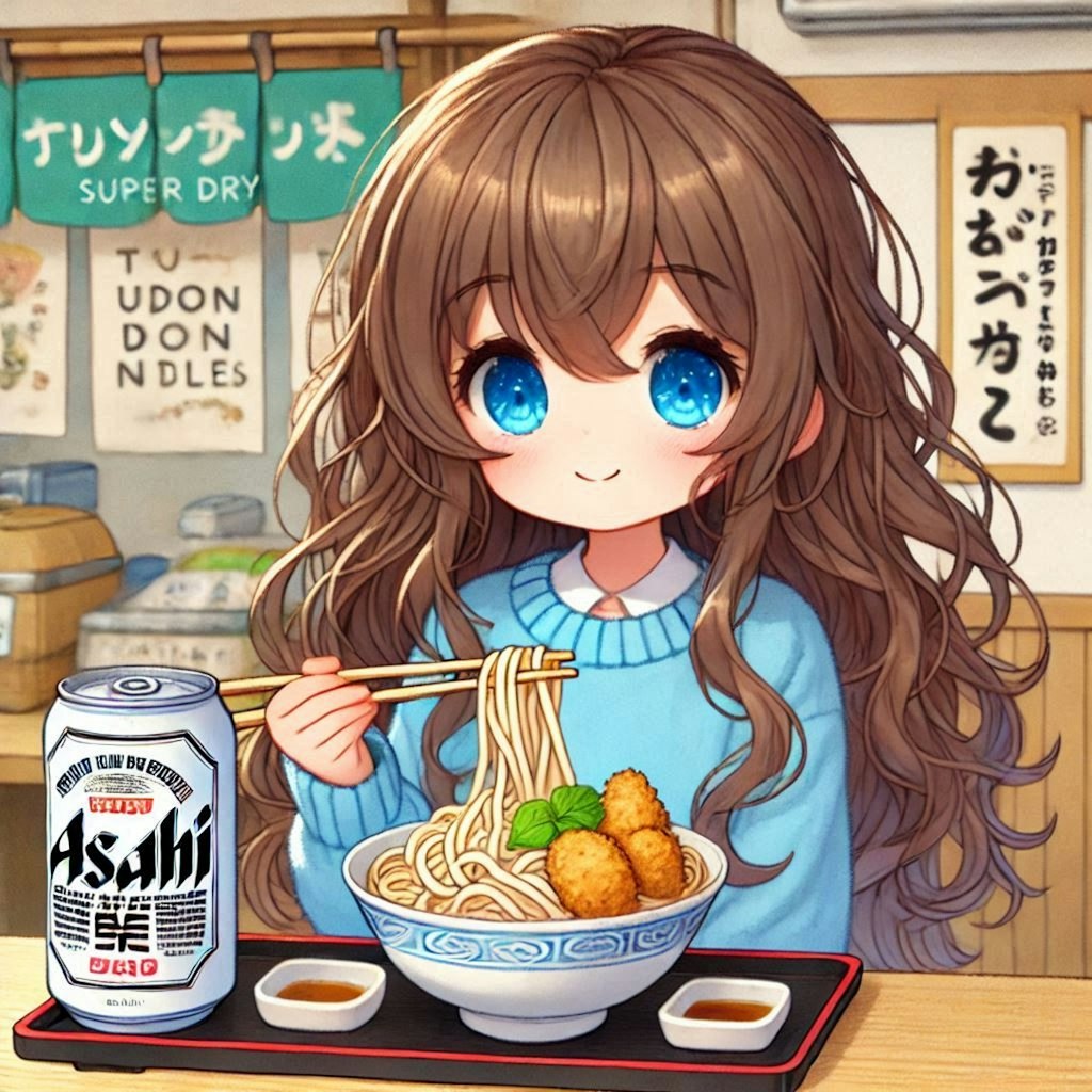 年越しうどんを食べる小さな女の子