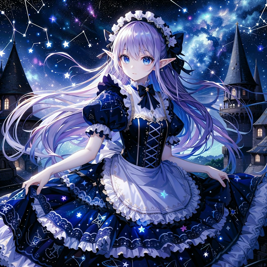 夜空のメイド服を着たエルフちゃん