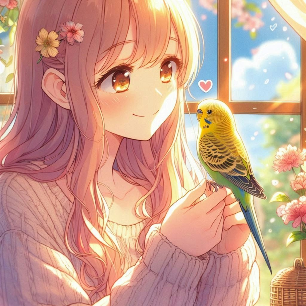 女の子と手乗りインコ