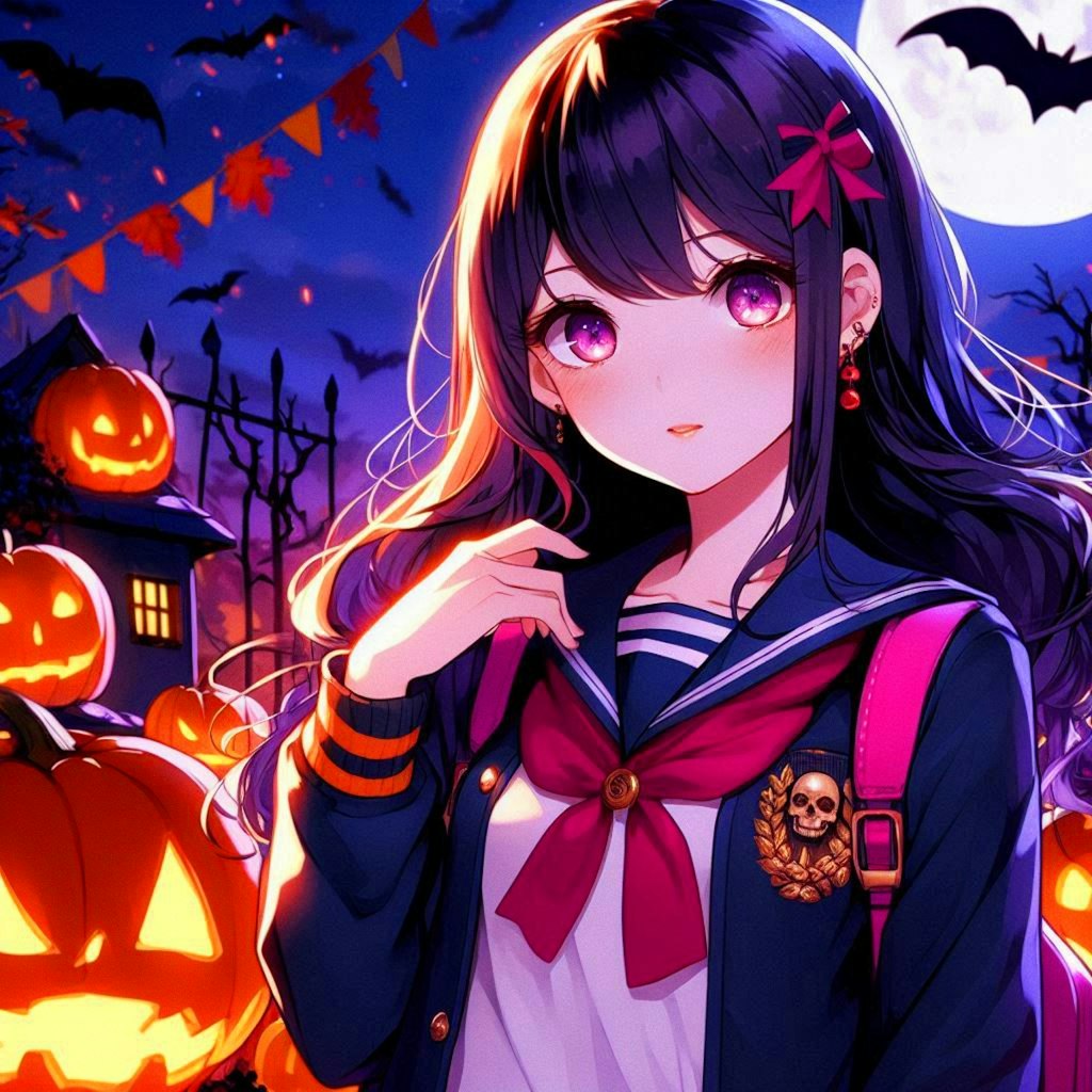 ジャケットを着た、ハロウィンの黒髪ロング少女★(2枚)