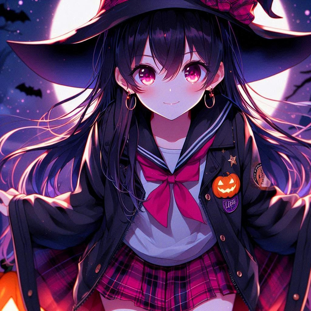 ジャケットを着た、ハロウィンの黒髪ロング少女★(2枚)