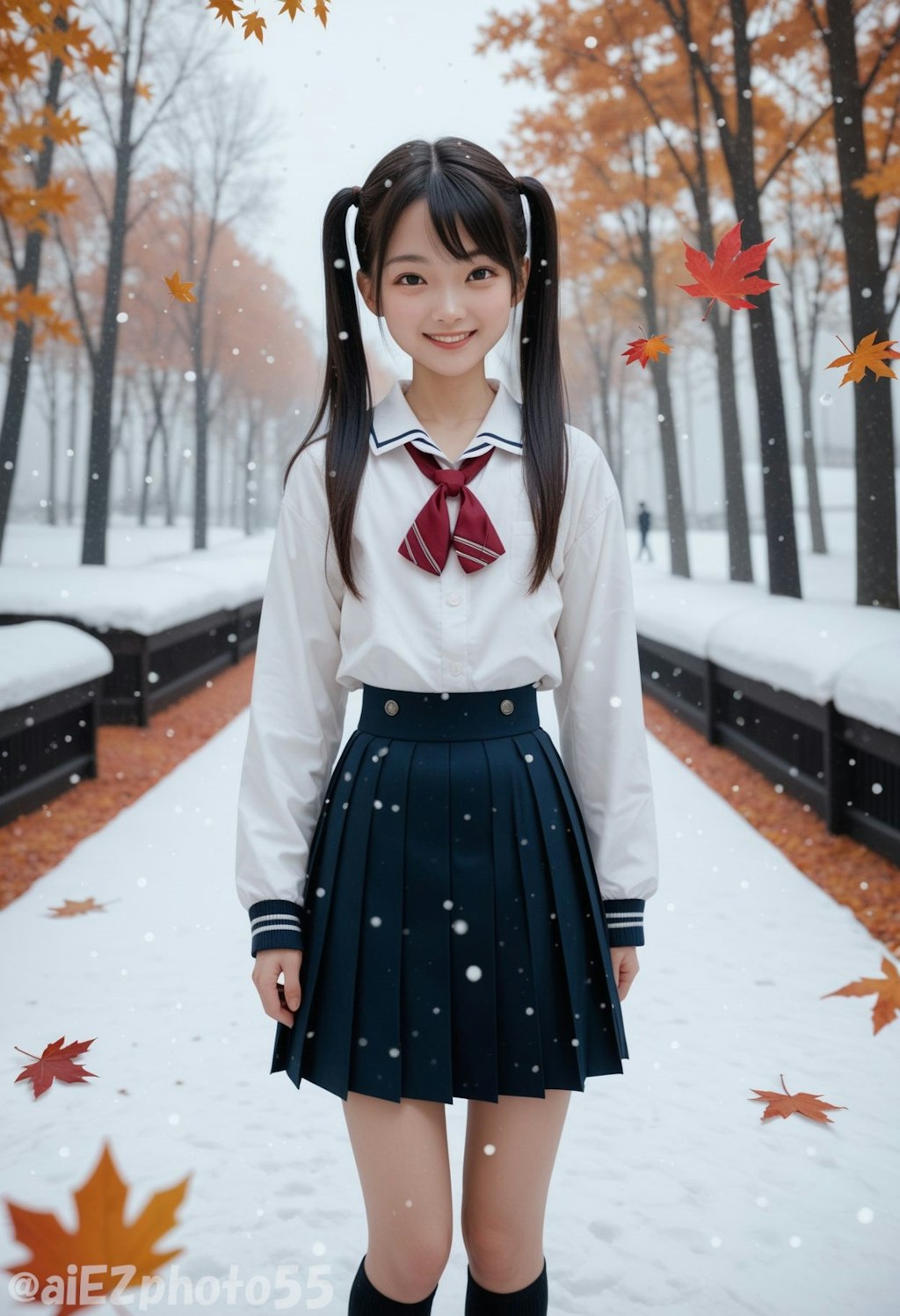 突然の　雪降る中で　紅葉狩り2