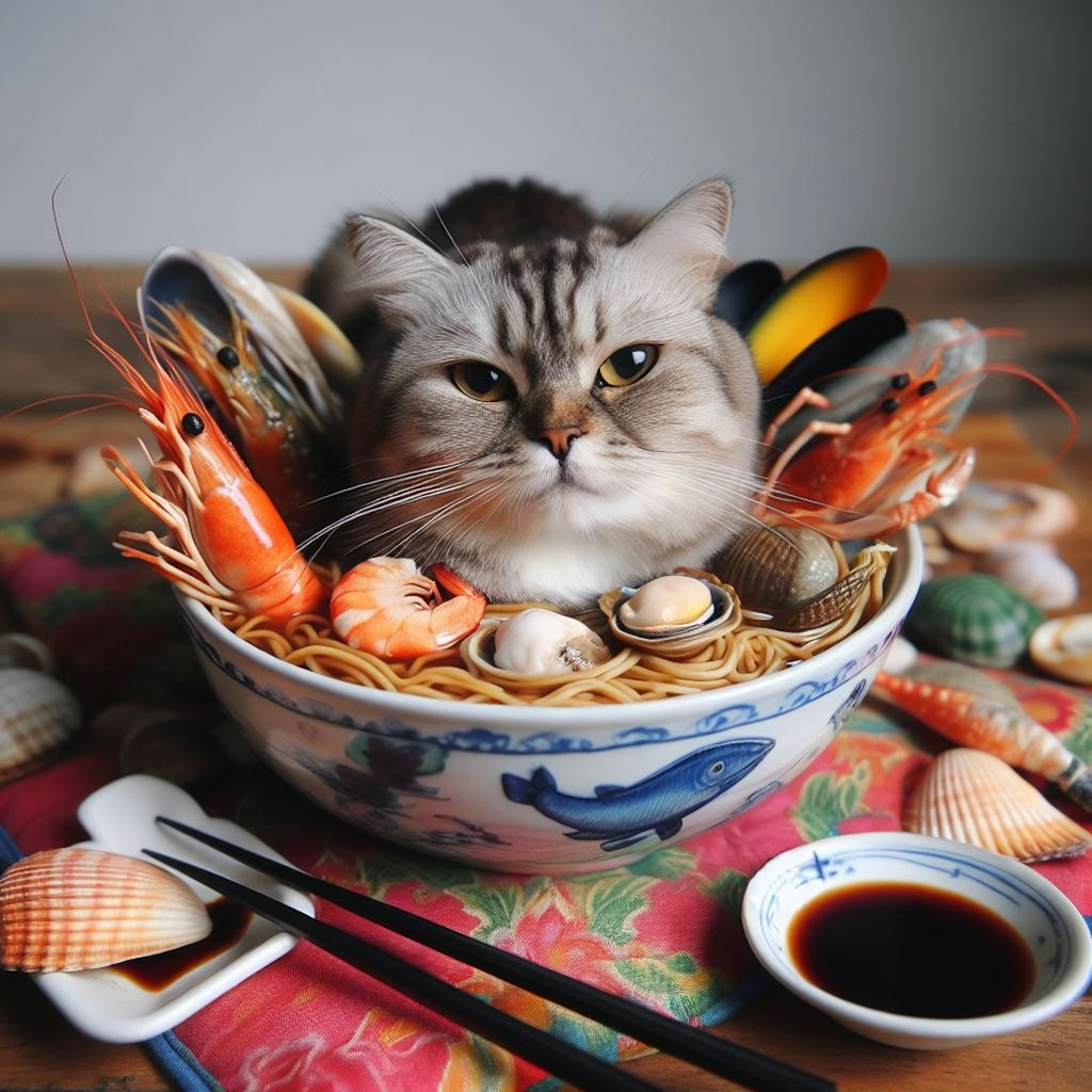 猫 VS seafood noodle
