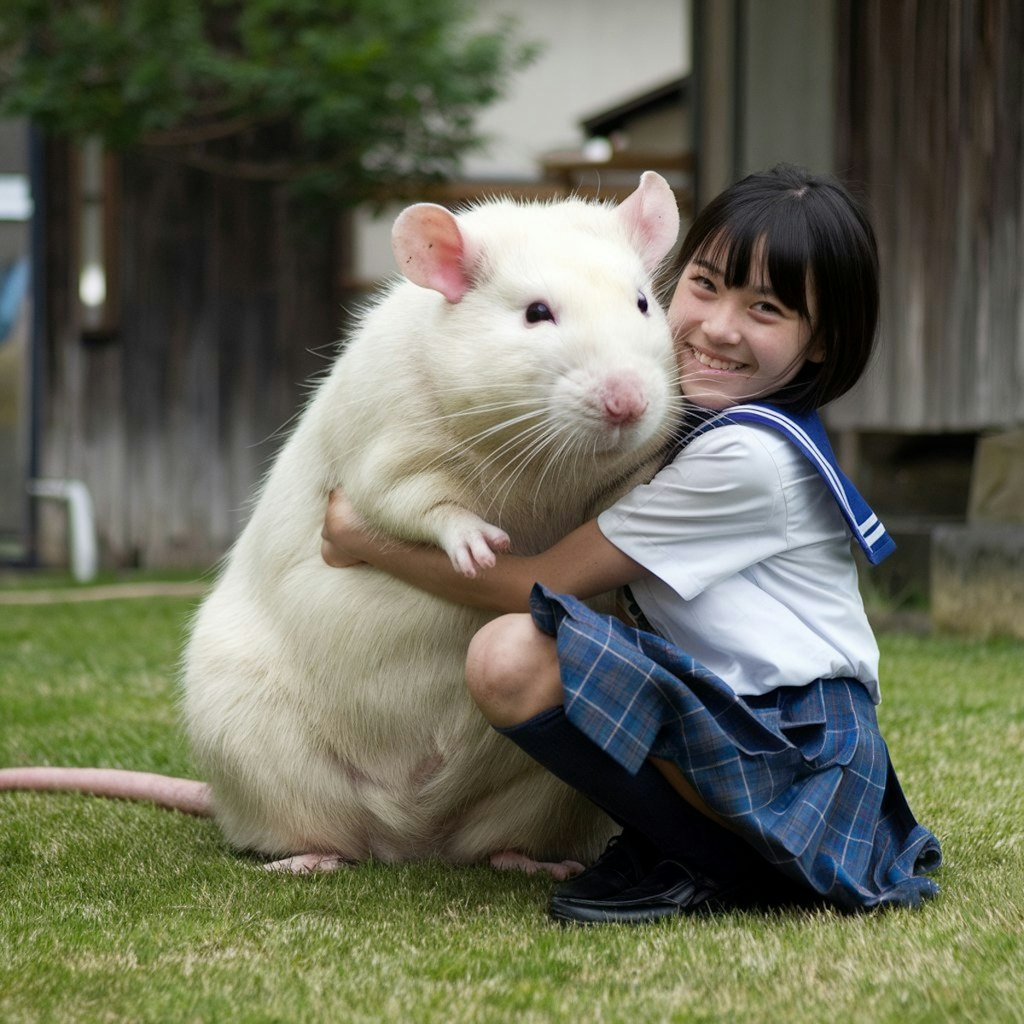 でかねずみを抱く少女（実写風）