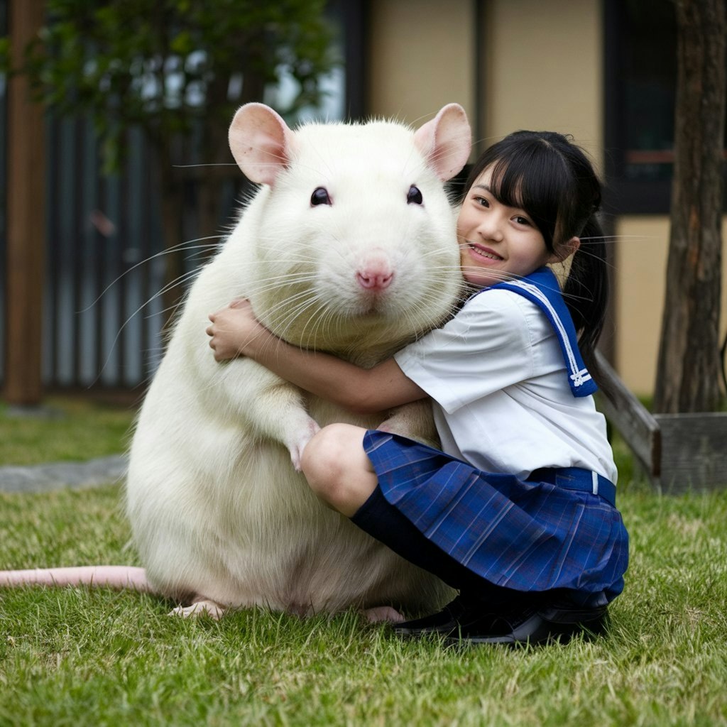 でかねずみを抱く少女（実写風）