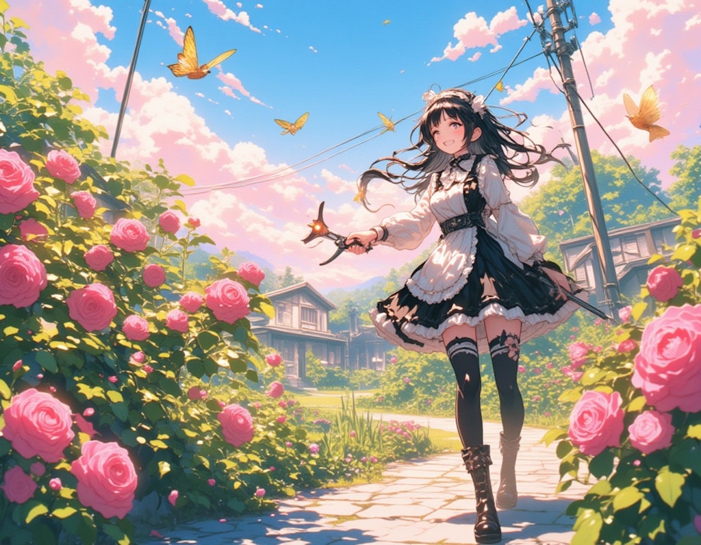 早朝、バラ園の見回りをするゴスロリ少女
