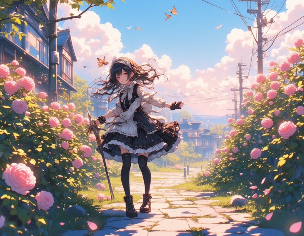 早朝、バラ園の見回りをするゴスロリ少女
