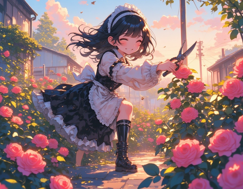 早朝、バラ園の見回りをするゴスロリ少女