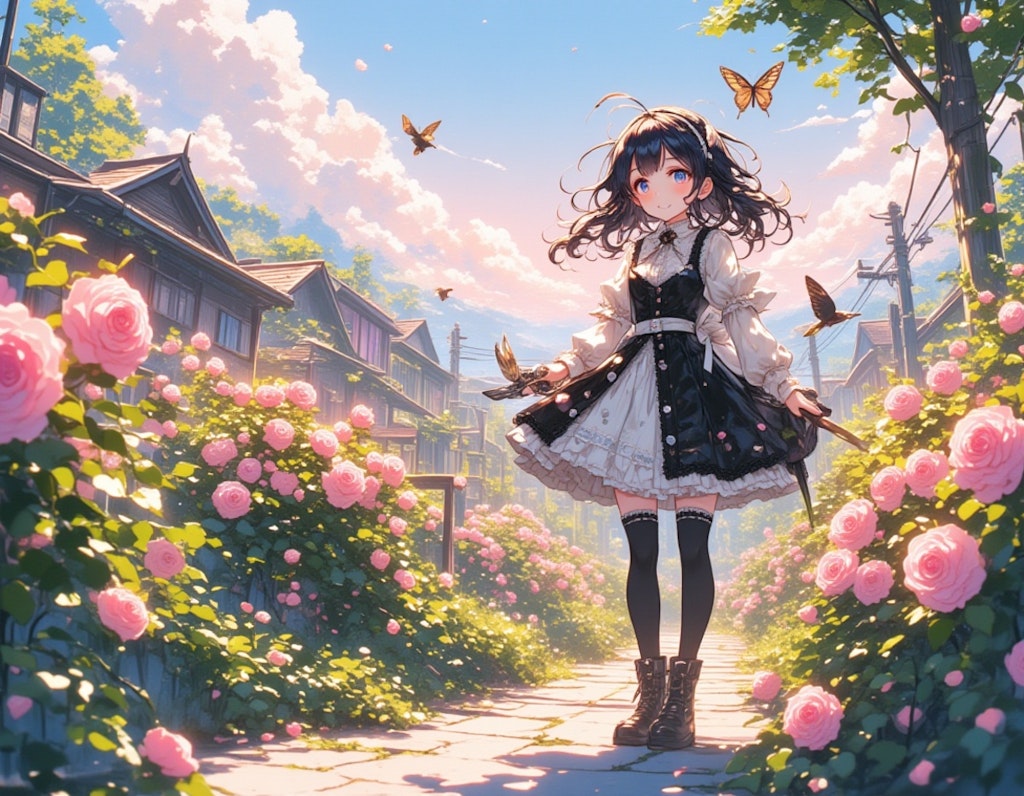 早朝、バラ園の見回りをするゴスロリ少女