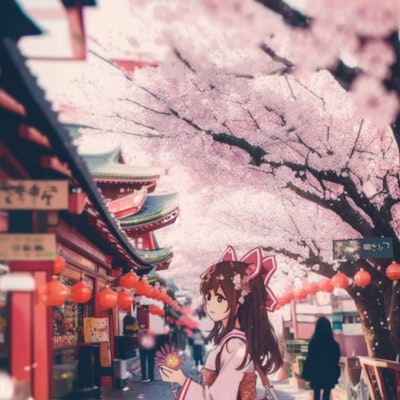 可愛い着物の女の子が日本の街を散歩する