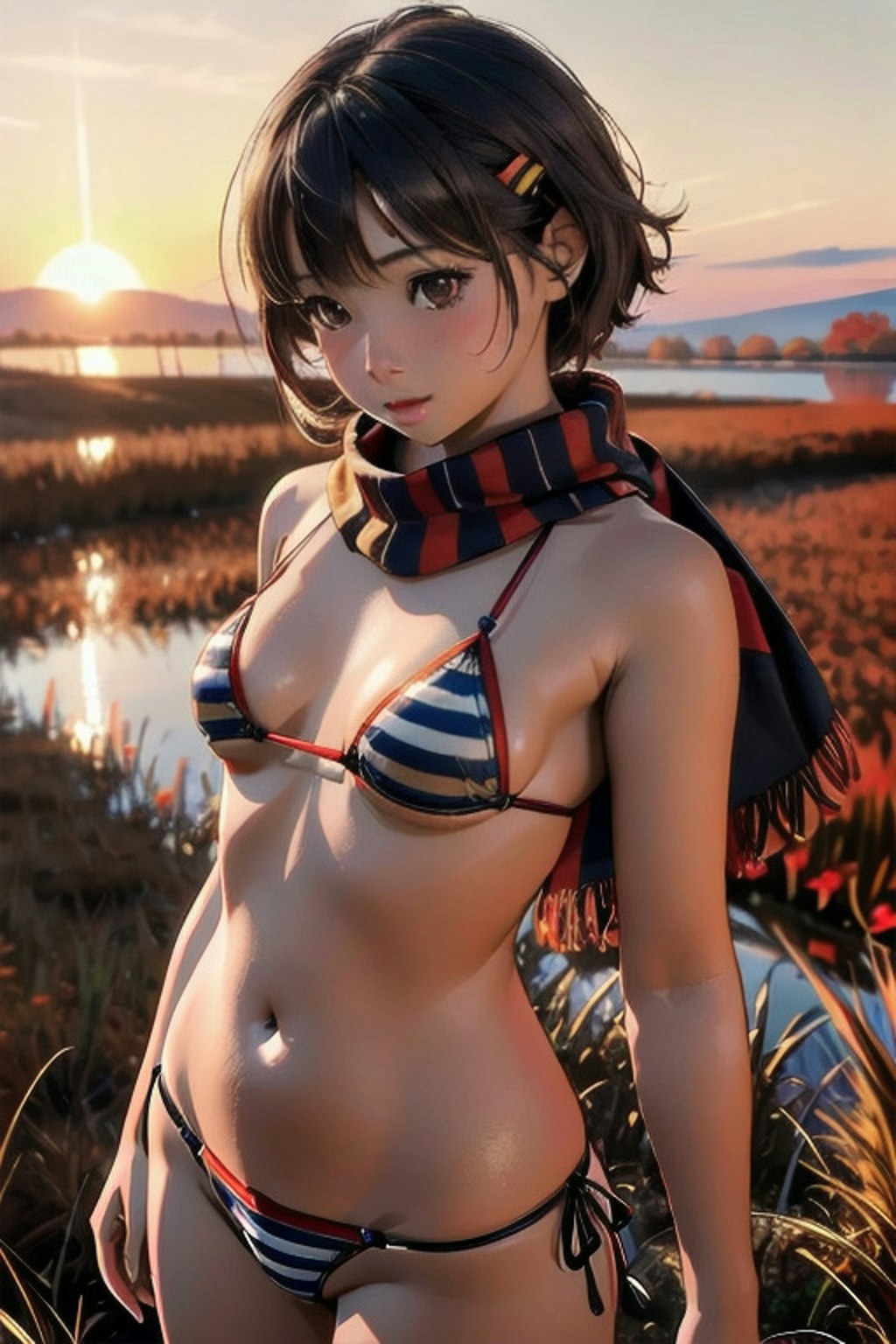 秋の草原とビキニ👙