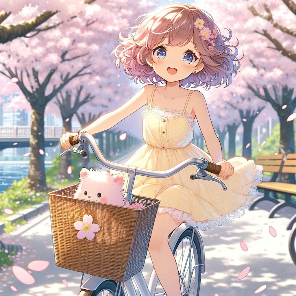 桜並木でサイクリング