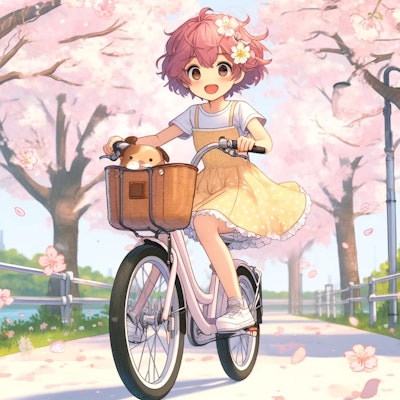 桜並木でサイクリング