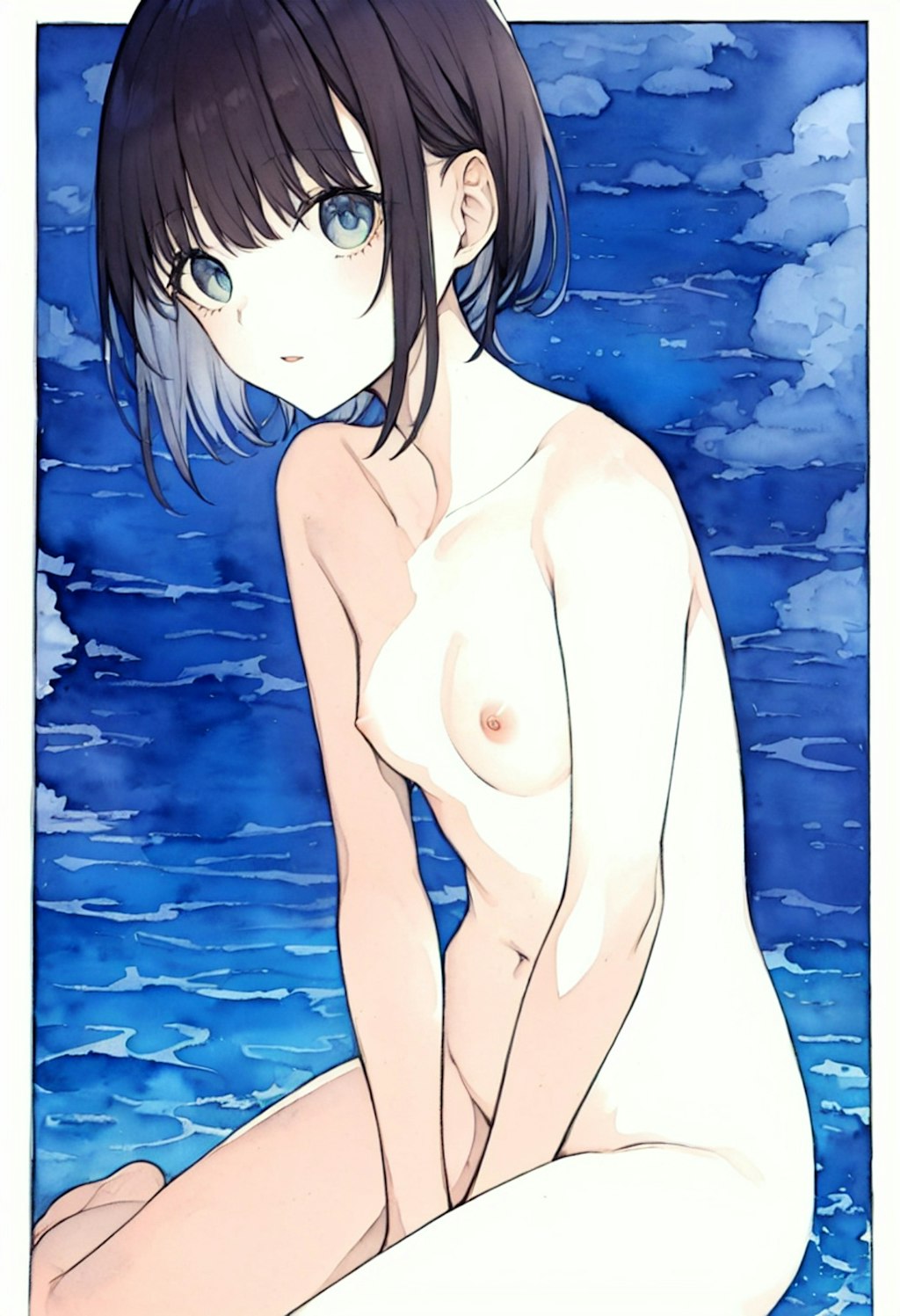 海と少女（水彩画風）