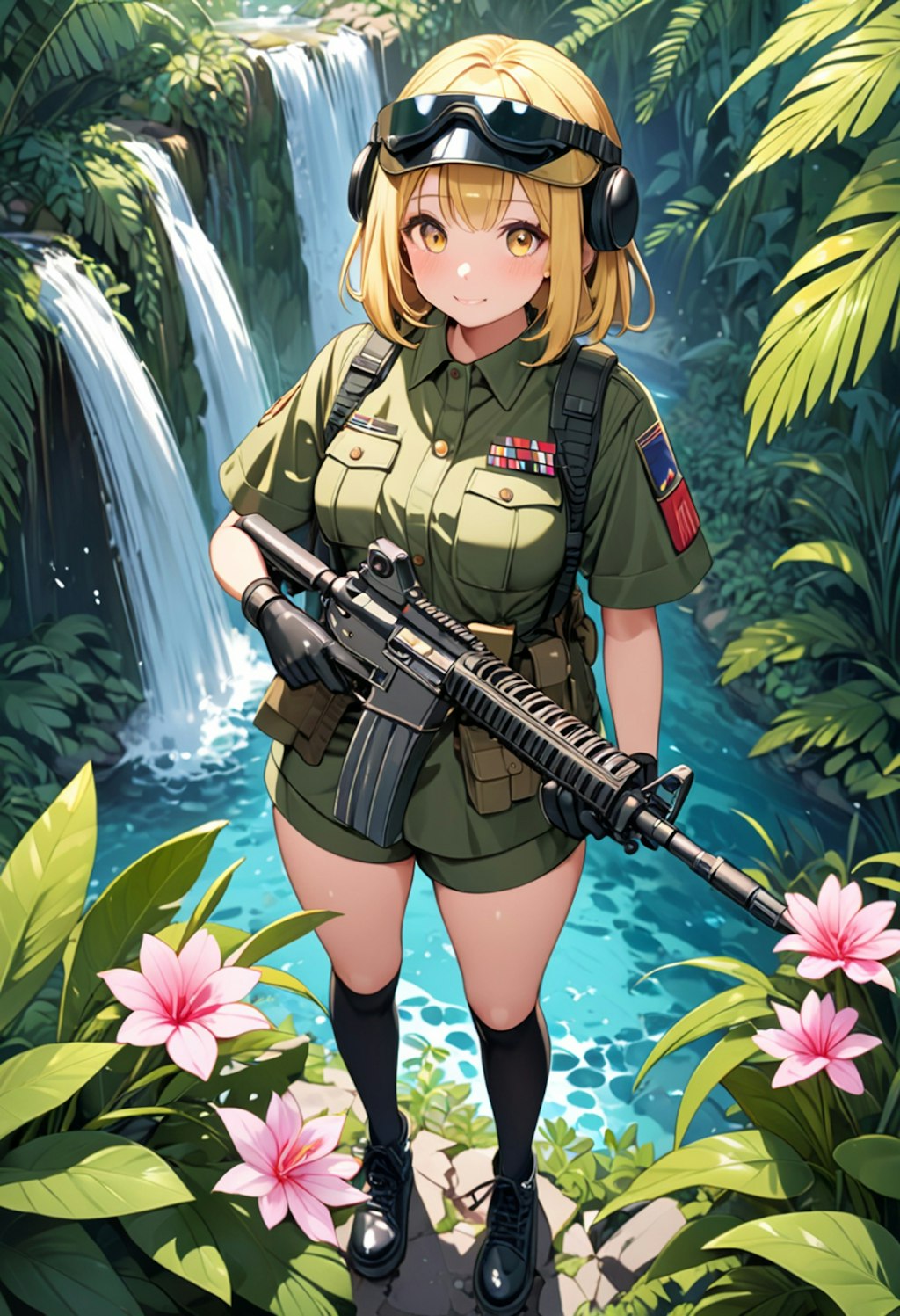 滝つぼとブロンド髪の少女軍人