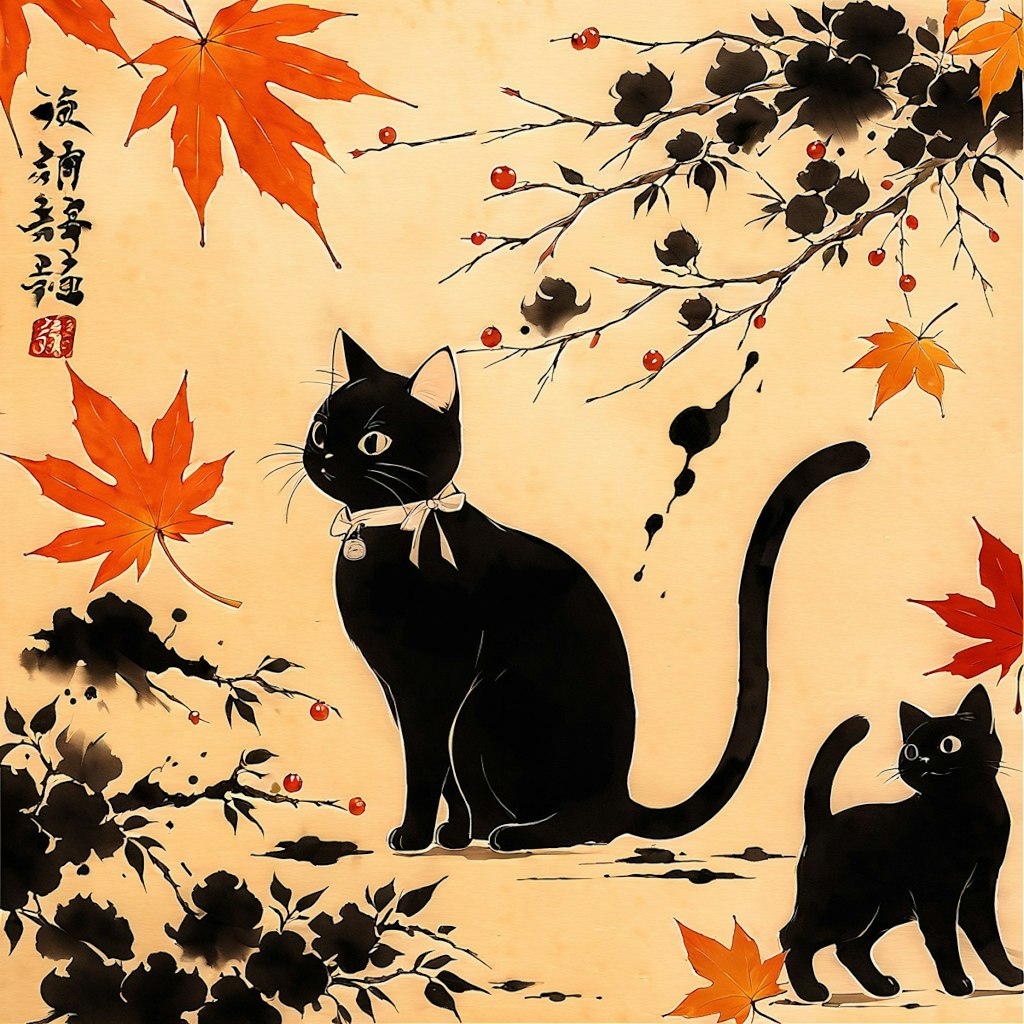 黒猫と紅葉秋