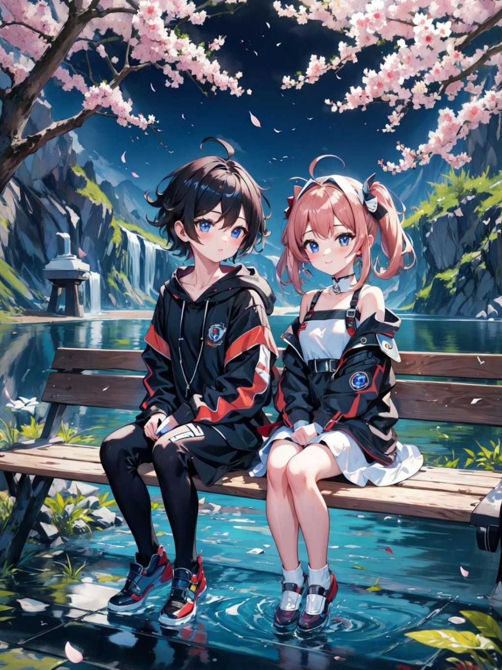 夜桜とカップル