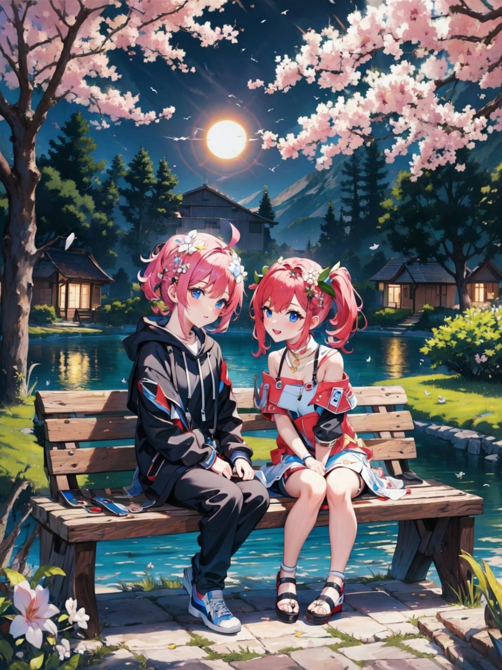 夜桜とカップル