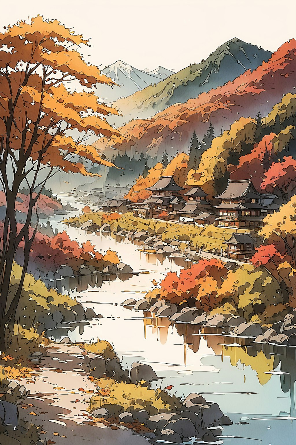 水彩画　〜秋を望む田舎の風景〜