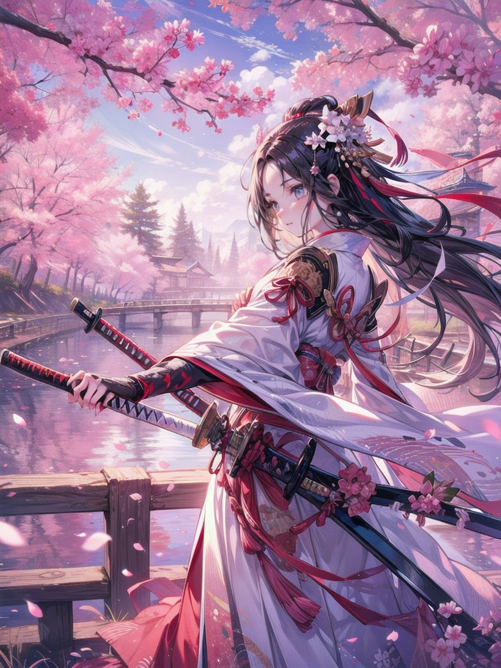 桜と女剣士