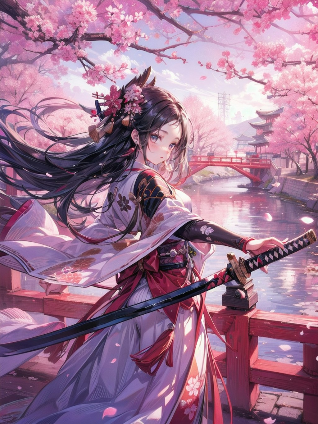 桜と女剣士