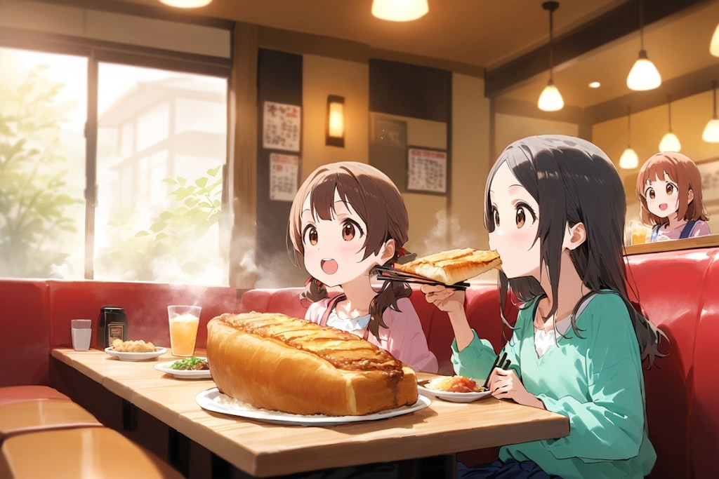 大盛りの食べ物に興奮する小さな女の子たち