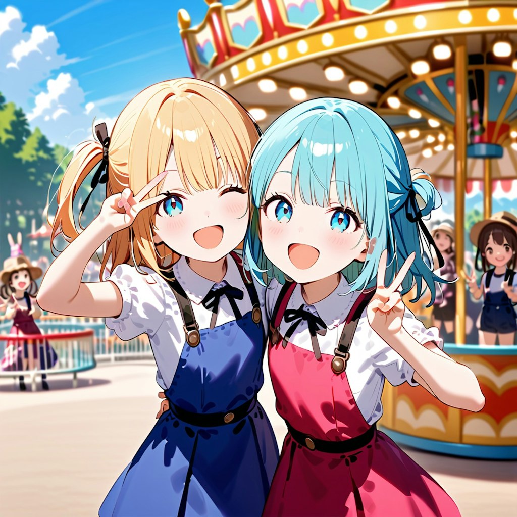 Cute sisters' V-sign pose while visiting the amusement park!