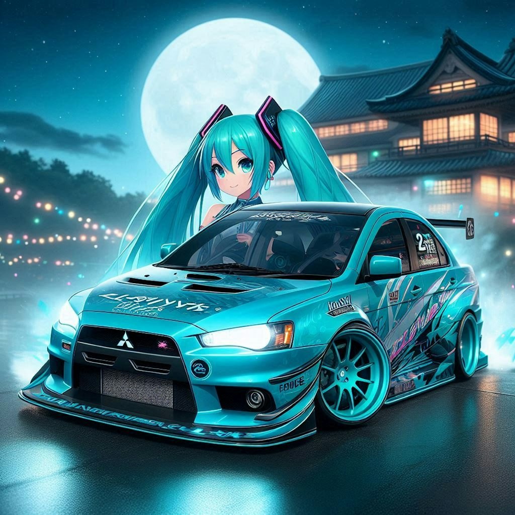 初音ミクカラーの三菱ランサーエボリューションのドリ車