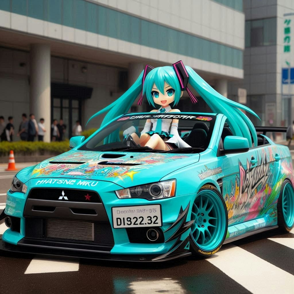 初音ミクカラーの三菱ランサーエボリューションのドリ車