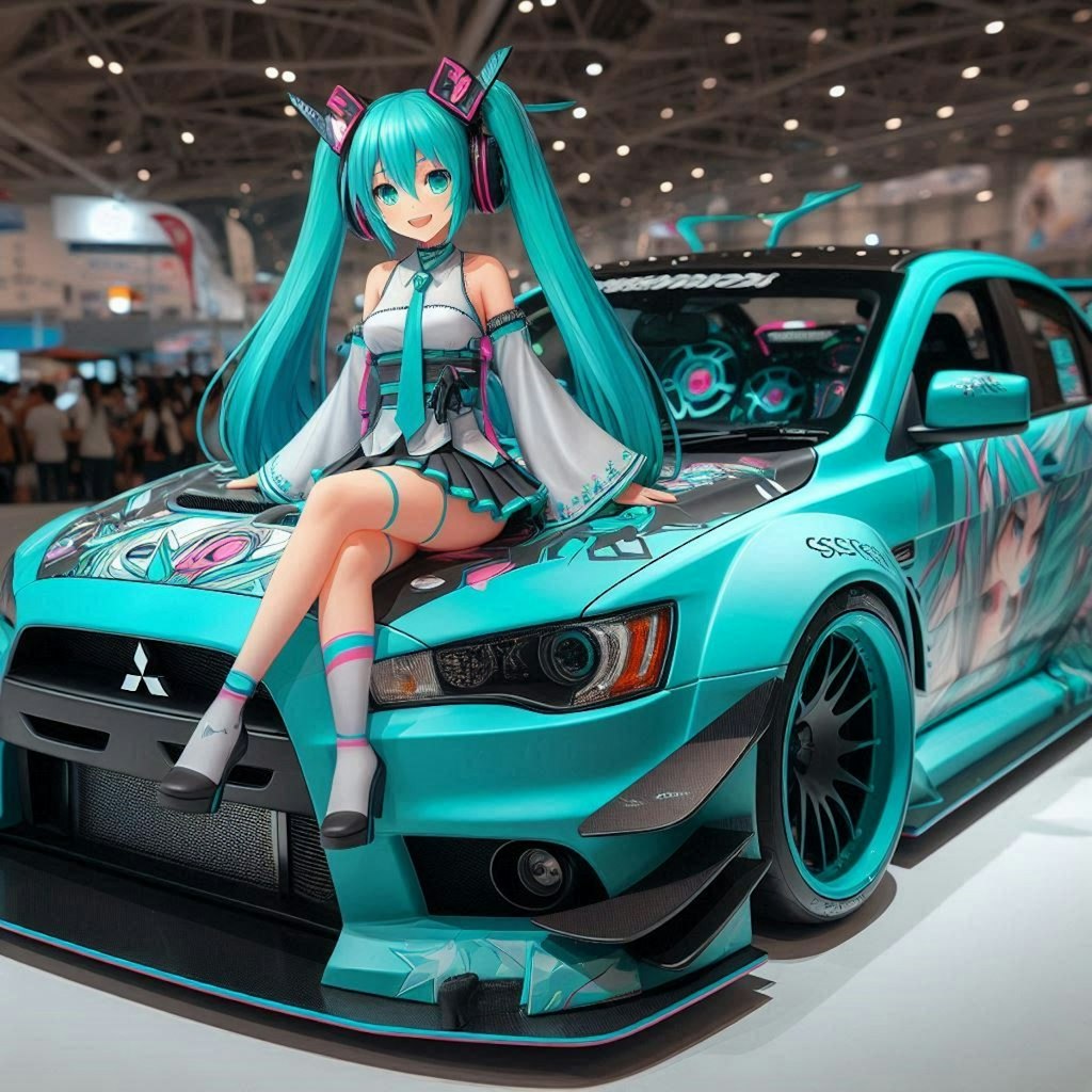 初音ミクカラーの三菱ランサーエボリューションのドリ車