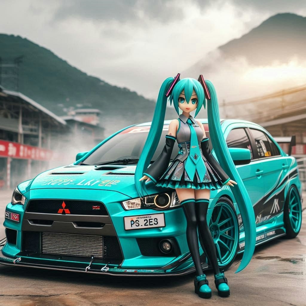 初音ミクカラーの三菱ランサーエボリューションのドリ車