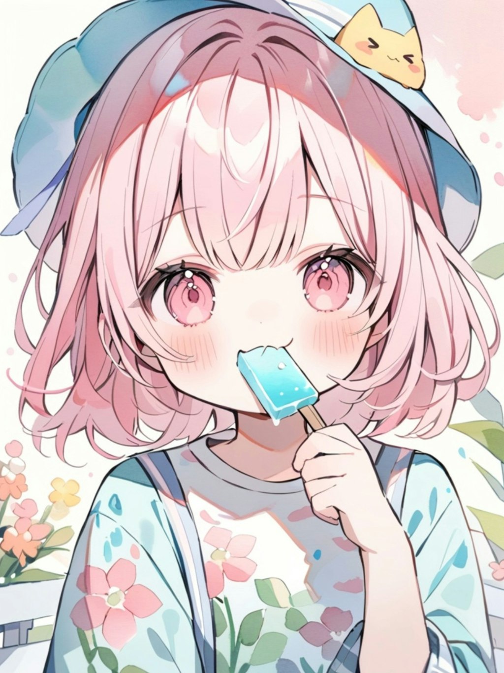 アイスを食べるピンク髪ちゃん