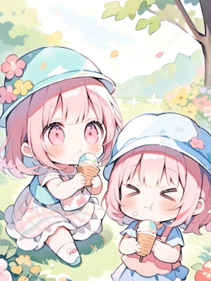 アイスを食べるピンク髪ちゃん
