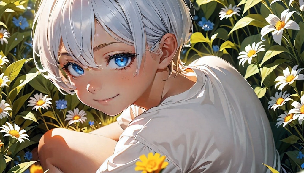 Boy sitting in a flower field