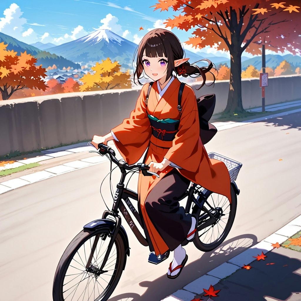 紅葉の山、自転車に乗るエルフ少女