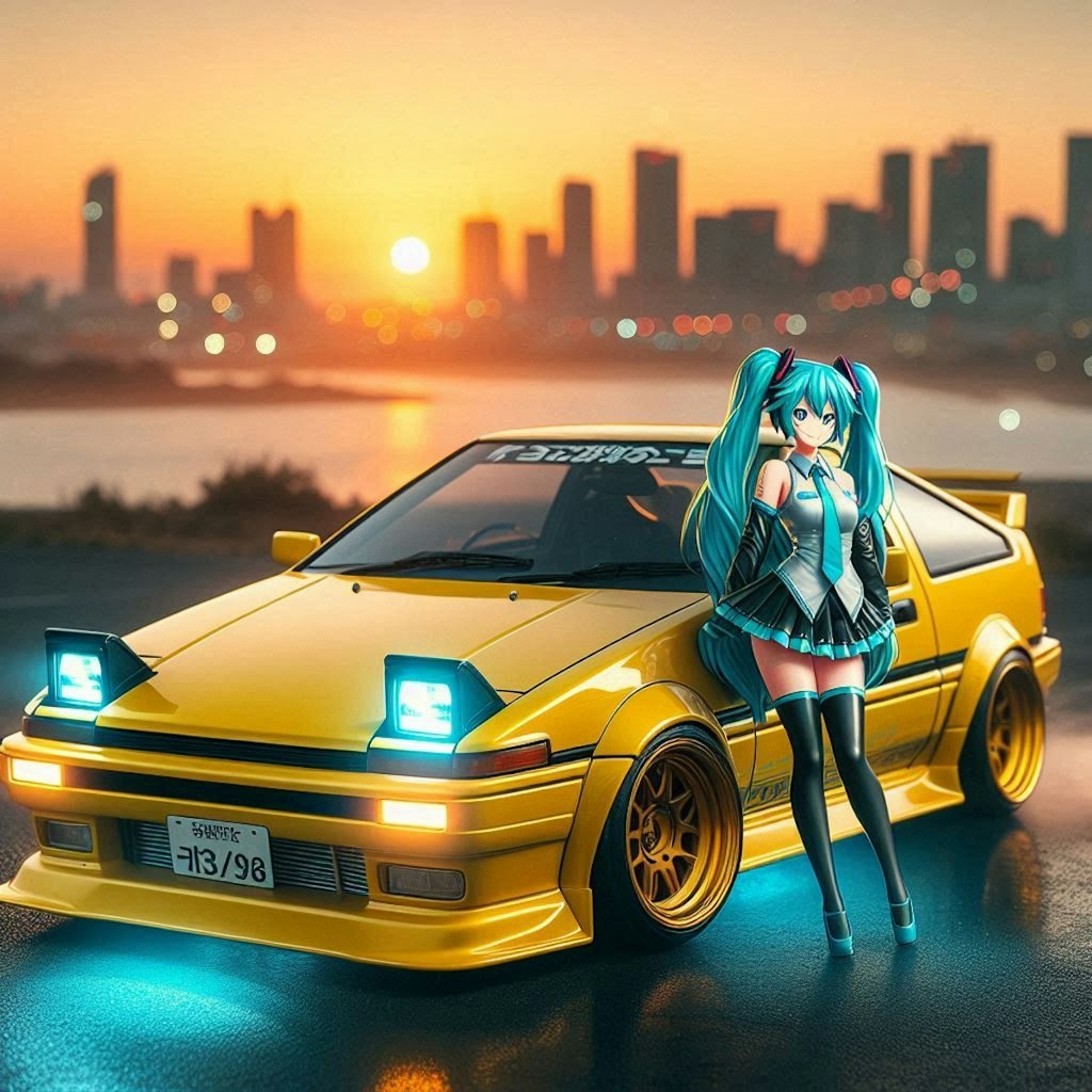 イエローメタリックのAE86のドリ車と初音ミク