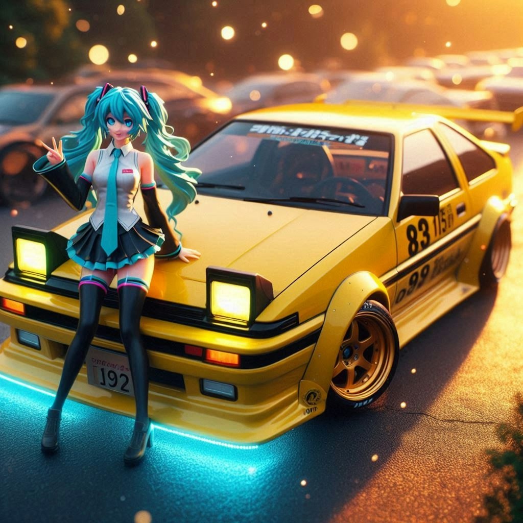 イエローメタリックのAE86のドリ車と初音ミク