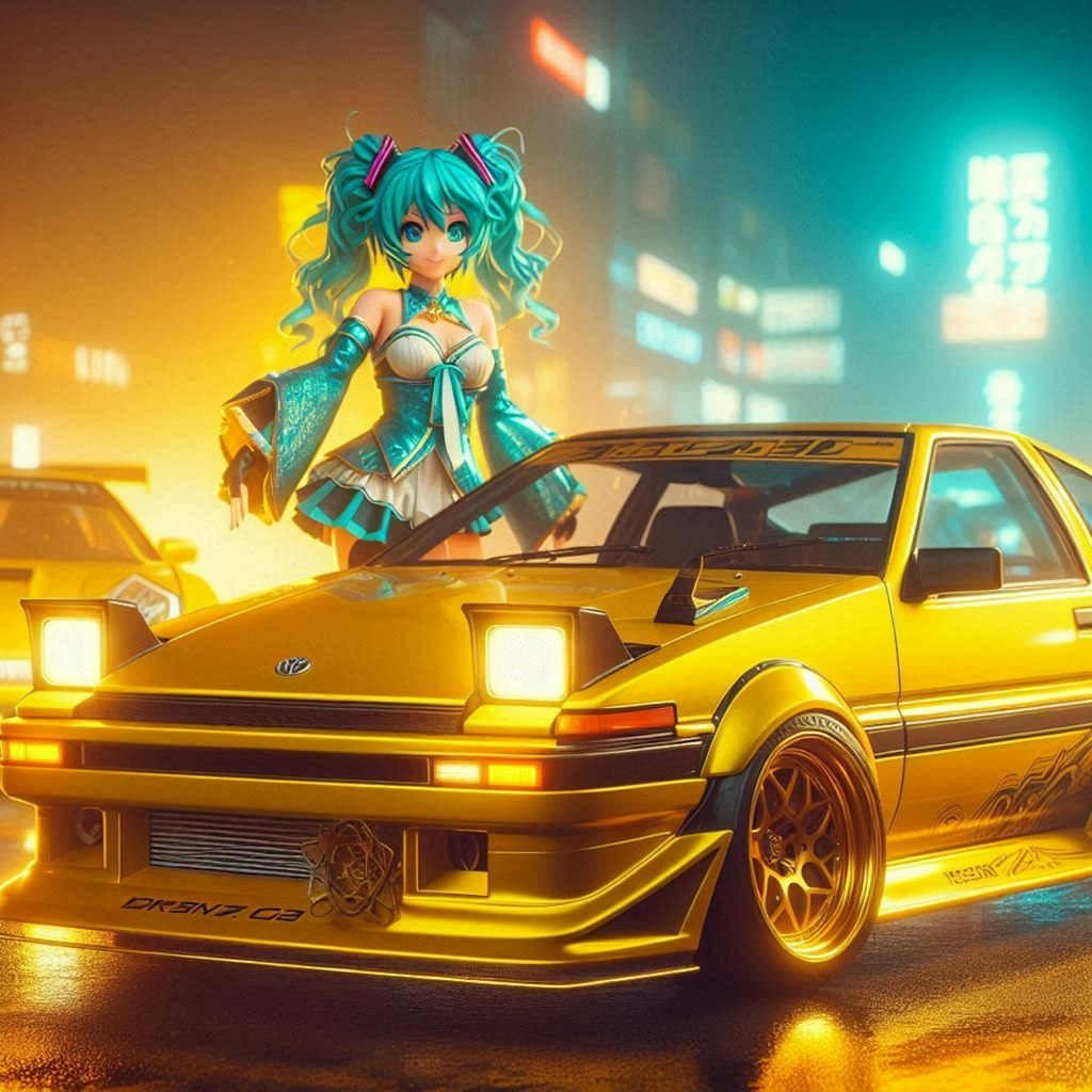 イエローメタリックのAE86のドリ車と初音ミク